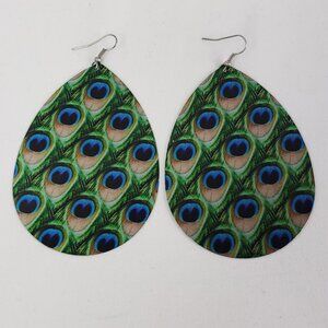 Peacock Feather Print Drop Shape Metal Dangle Earrings